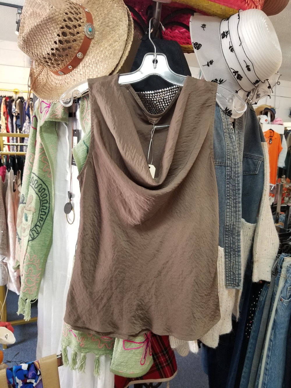 Brown Sleeveless Cowl Neck Women's Top